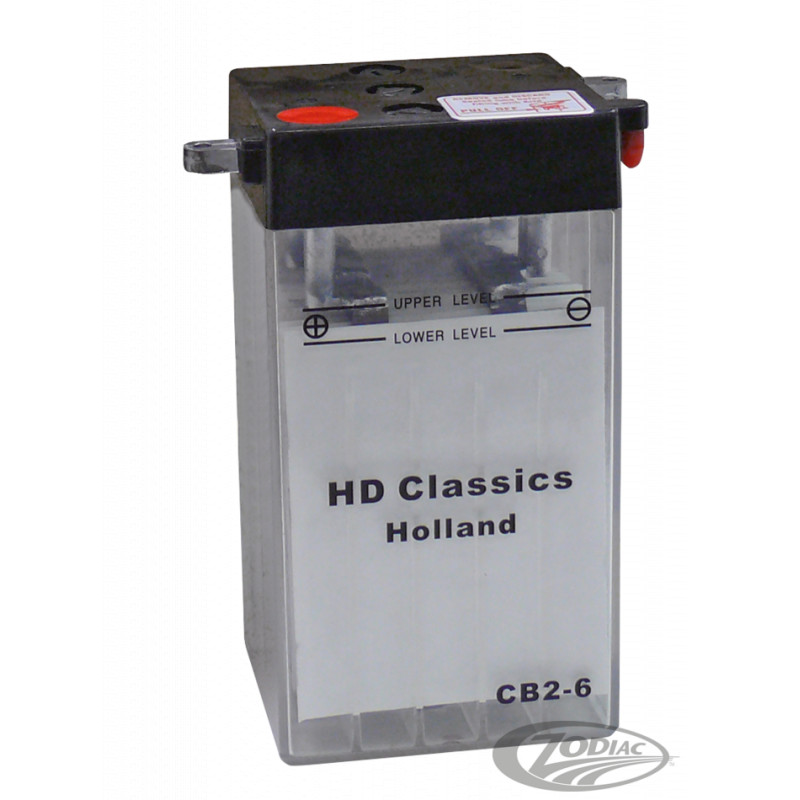 Batterie 6 Volts type CB2-6, boîtier transparent, Samwel OEM 66006-29F Samwell 742393 Batteries classiques pour Harley-Davidson
