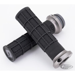 Poignées ODI Lock-on Hart-Luck signature gaufrées noires avec monture gunmetal 782895 Poignées