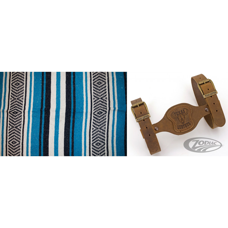 Couverture mexicaine bleu nuit, turquoise & blanc avec support en cuir marron 755314 Couvertures mexicaines