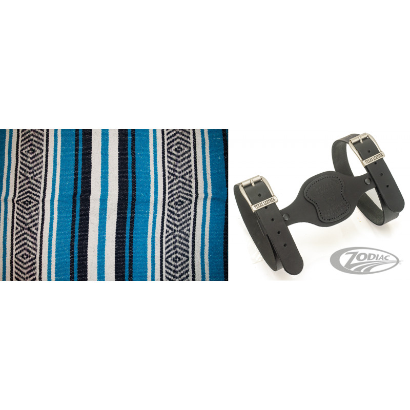 Couverture mexicaine bleu nuit, turquoise & blanc avec support en cuir noir 755309 Couvertures mexicaines