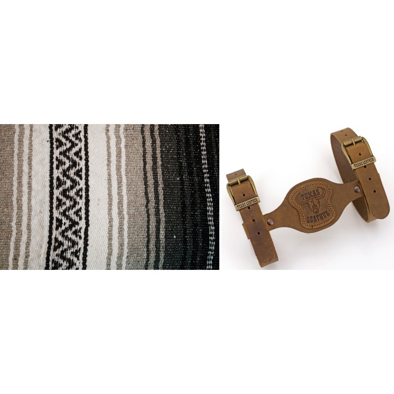 Couverture mexicaine charbon, argent, noir et blanc avec support en cuir marron 755313 Couvertures mexicaines