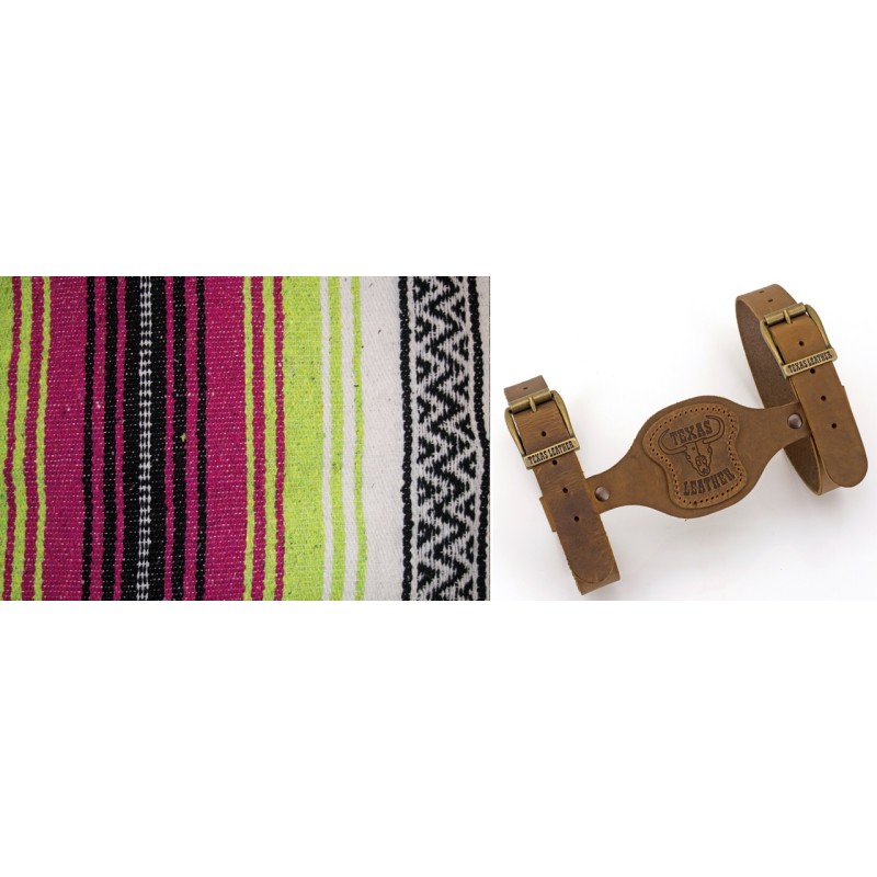 Couverture mexicaine rose, vert pomme et blanc avec support en cuir marron 755316 Couvertures mexicaines