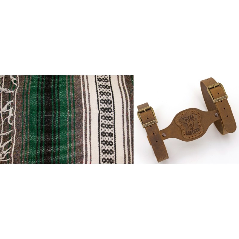 Couverture mexicaine vert forêt, charbon et blanc avec support en cuir marron 755315 Couvertures mexicaines