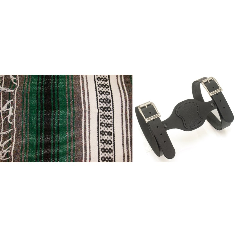 Couverture mexicaine vert forêt, charbon et blanc avec support en cuir noir 755310 Couvertures mexicaines