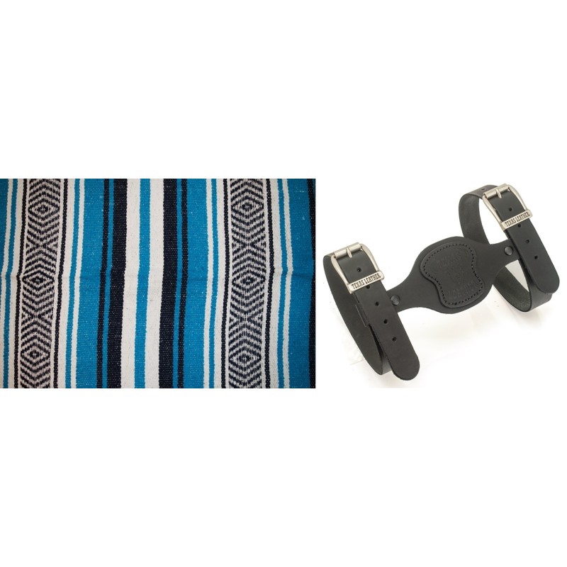Couverture mexicaine bleu nuit, turquoise et blanc avec support en cuir noir 755309 Couvertures mexicaines