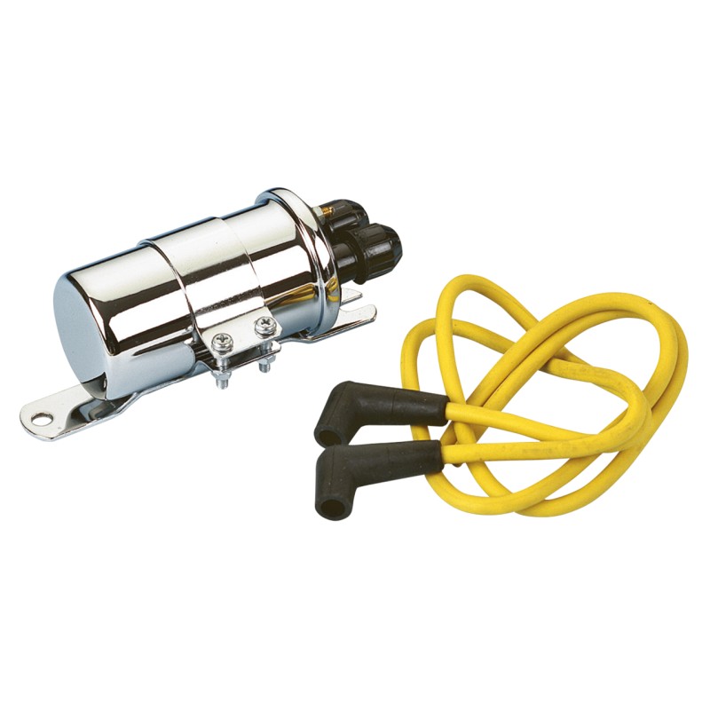 Bobine Thunderbolt chromée 12 Volts avec fils jaunes et support 152090 Bobines d'allumage