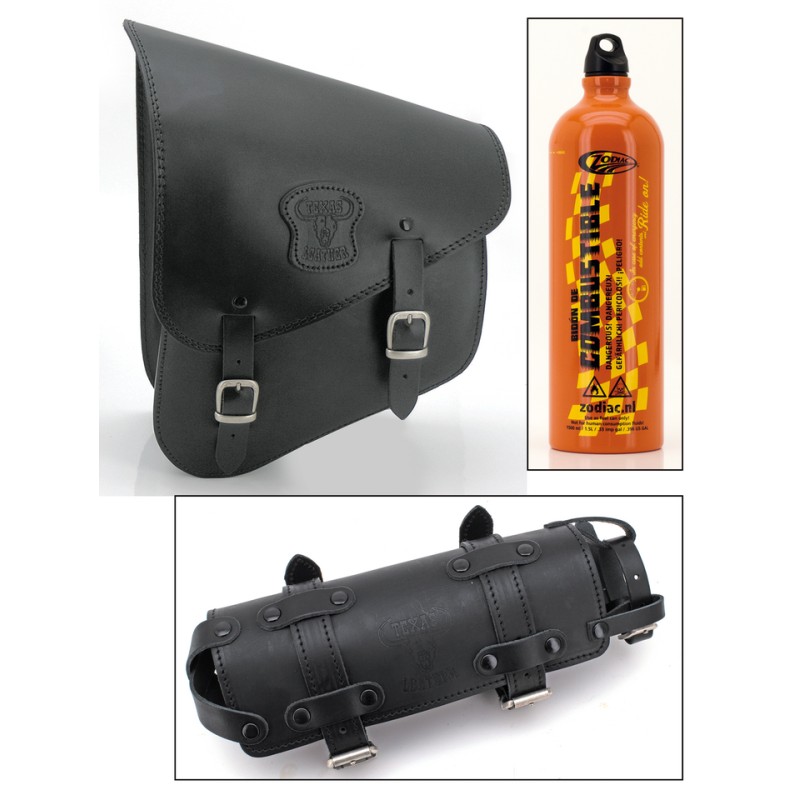 Sacoche de bras oscillant en cuir noir avec support pour bouteille d'essence 756961 Sacoches pour Softail