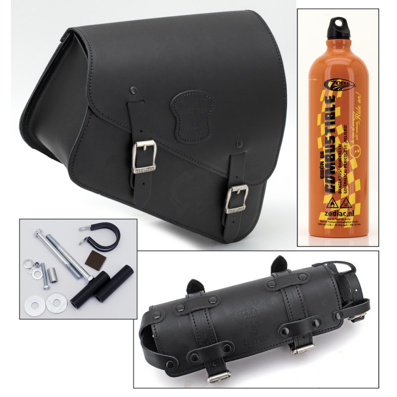 Sacoche de cadre en cuir noir avec sa réserve d'essence, boucles mates 757014 Sacoches pour Sportster
